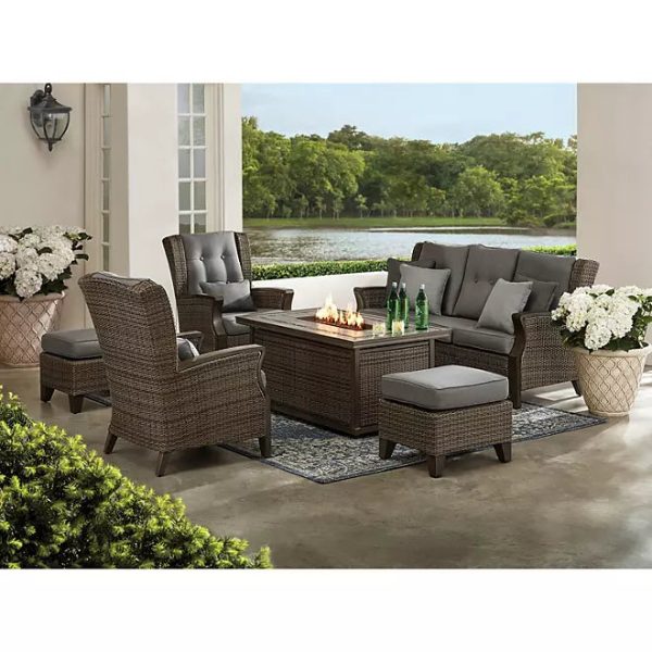 Newcastle 6-Piece Patio Deep Seating Set with Fire Pit – Smoke – Member’s Mark