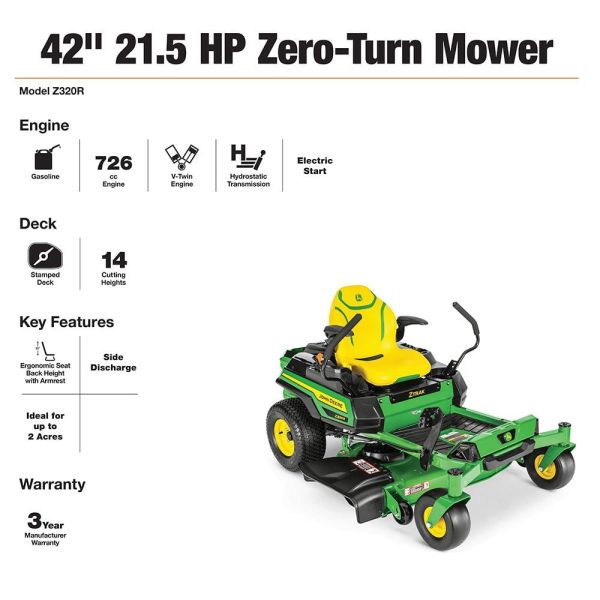 John Deere Z320R 42 in. 21.5 HP Dual Hydrostatic Gas V-Twin Zero Turn Riding Lawn Mower - Image 2