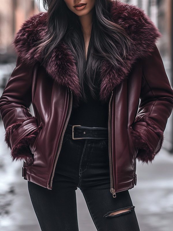 Vintage Fur Collar Zip-lined Leather Jacket