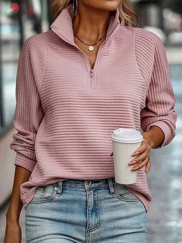 Women's Textured Zipper Neck Long Sleeve Sweatshirt