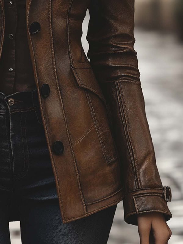 Women's Vintage Lapel Pocket Leather Jacket - Image 5