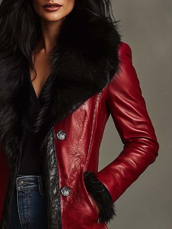 Women's Retro Fur Collar Contrasting Colors Leather Long Coat - Image 3