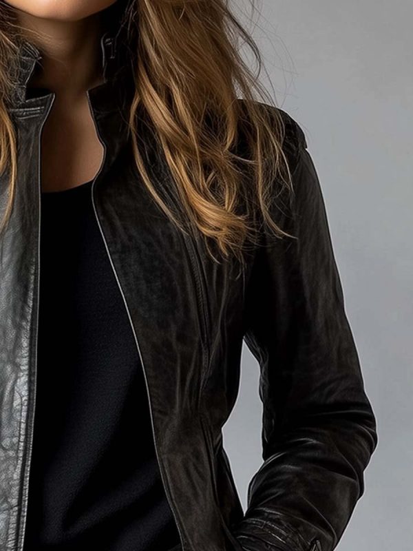 Women's Vintage Stand Collar Leather Jacket - Image 3