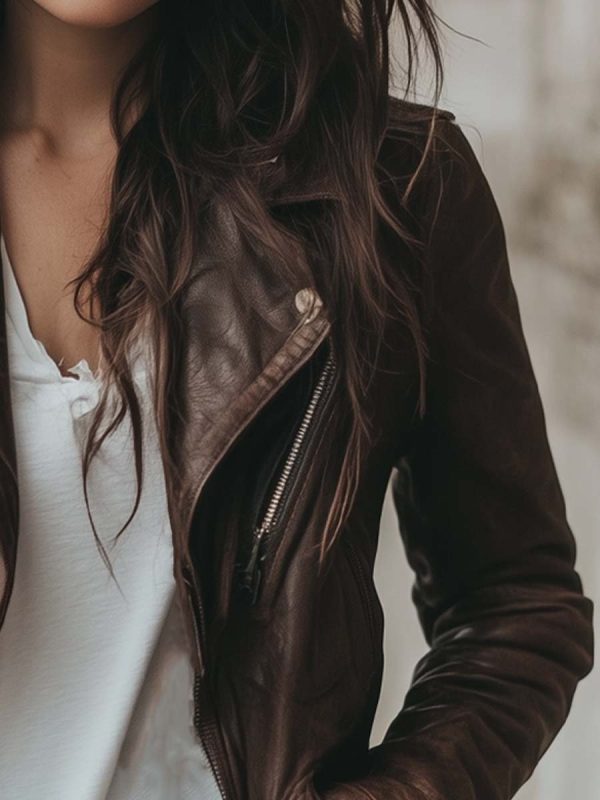 Women's Lapel Vintage Leather Jacket - Image 3