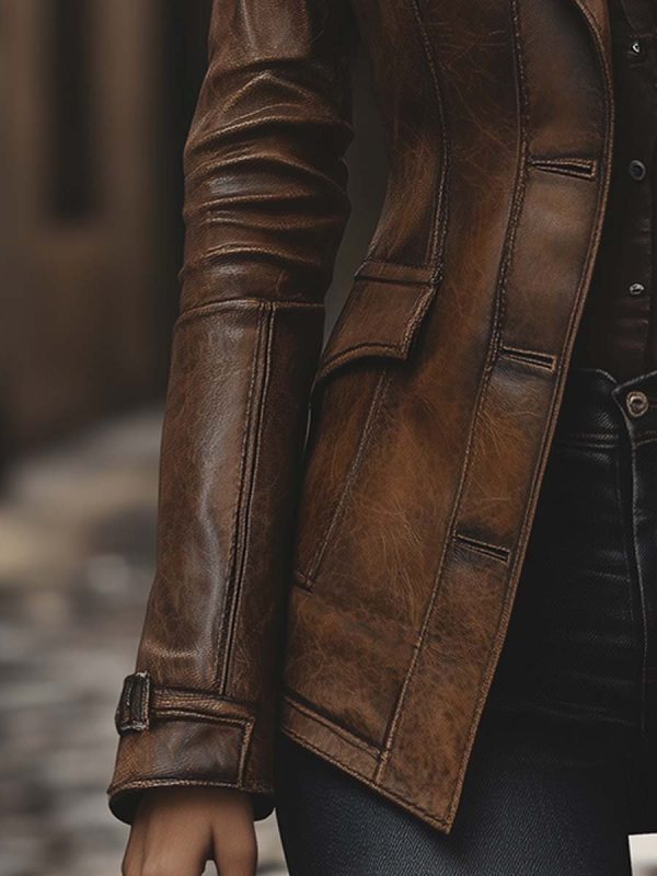 Women's Vintage Lapel Pocket Leather Jacket - Image 4