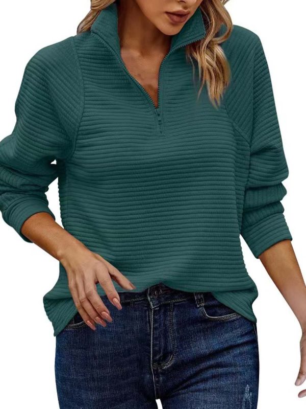 Women's Textured Zipper Neck Long Sleeve Sweatshirt - Image 10