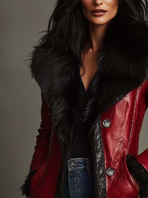 Women's Retro Fur Collar Contrasting Colors Leather Long Coat - Image 2