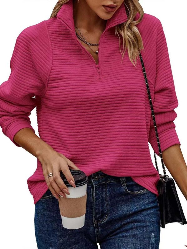 Women's Textured Zipper Neck Long Sleeve Sweatshirt - Image 8