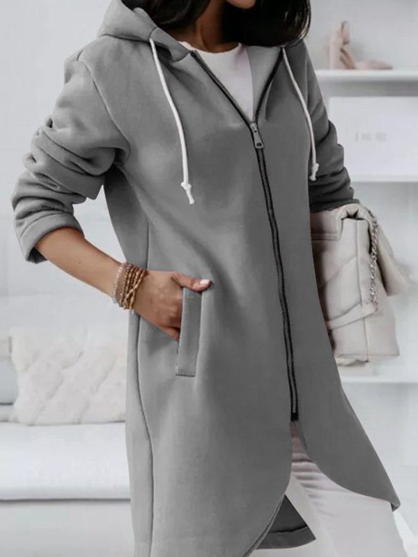 Fashionable Zipper Hooded Long Fleece Sweatshirt - Image 3