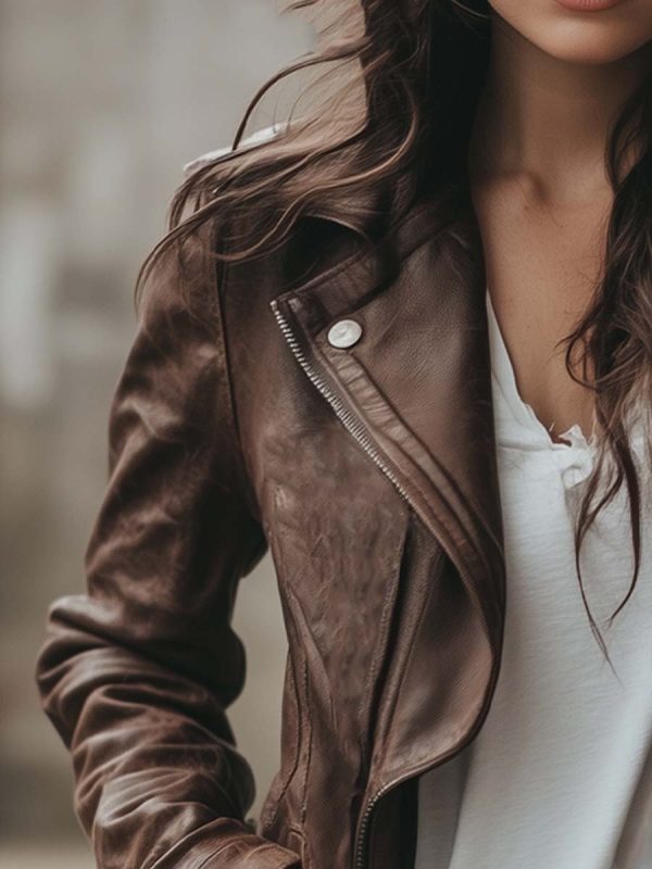 Women's Lapel Vintage Leather Jacket - Image 2