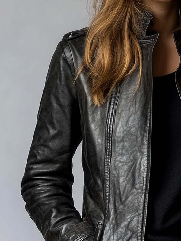 Women's Vintage Stand Collar Leather Jacket - Image 2