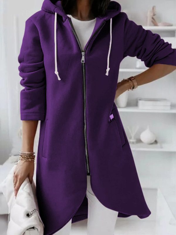 Fashionable Zipper Hooded Long Fleece Sweatshirt - Image 4