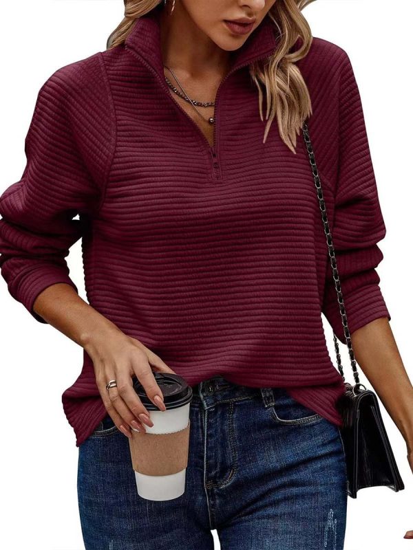 Women's Textured Zipper Neck Long Sleeve Sweatshirt - Image 2