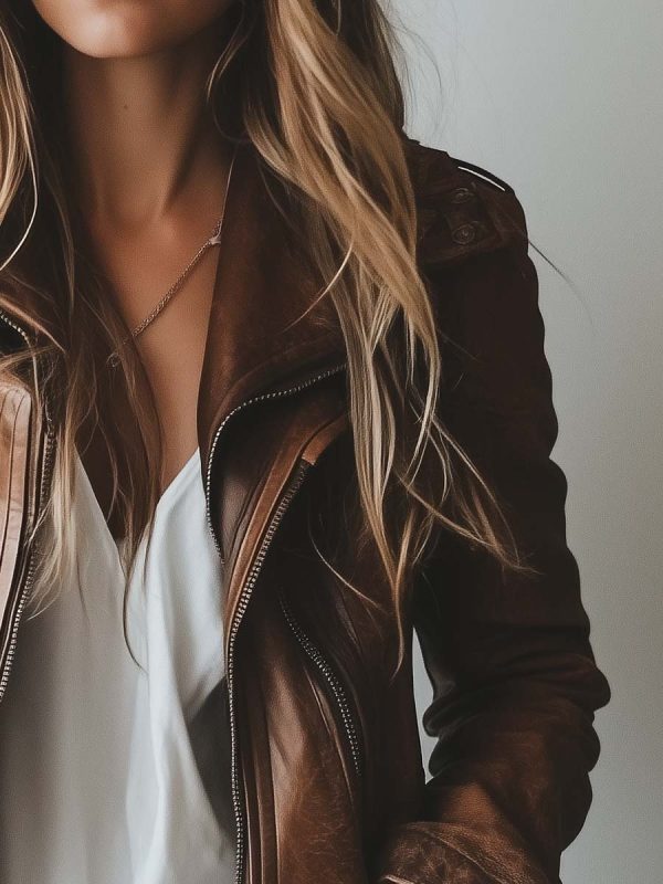 Women's Vintage Lapel Zipper Leather Jacket - Image 4