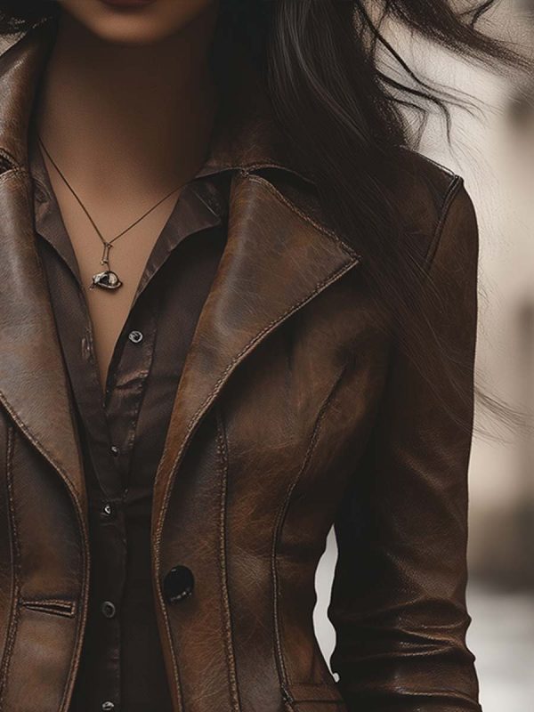 Women's Vintage Lapel Pocket Leather Jacket - Image 3