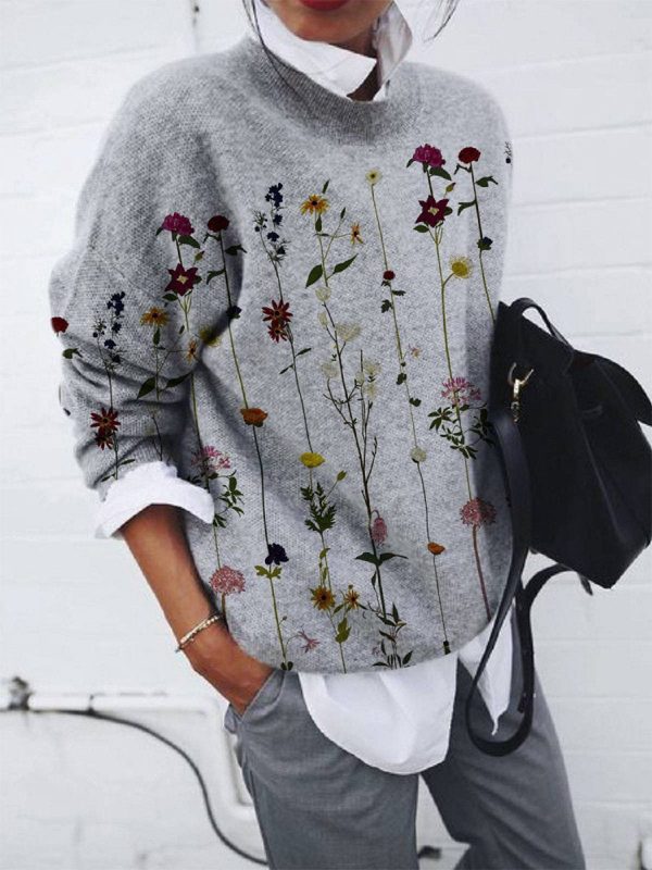 Fashionable Brushed Floral Loose Long Sleeve Top