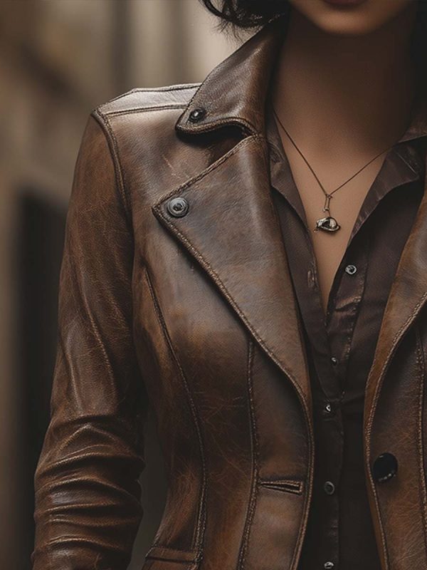 Women's Vintage Lapel Pocket Leather Jacket - Image 2