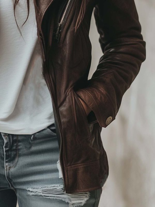 Women's Lapel Vintage Leather Jacket - Image 5