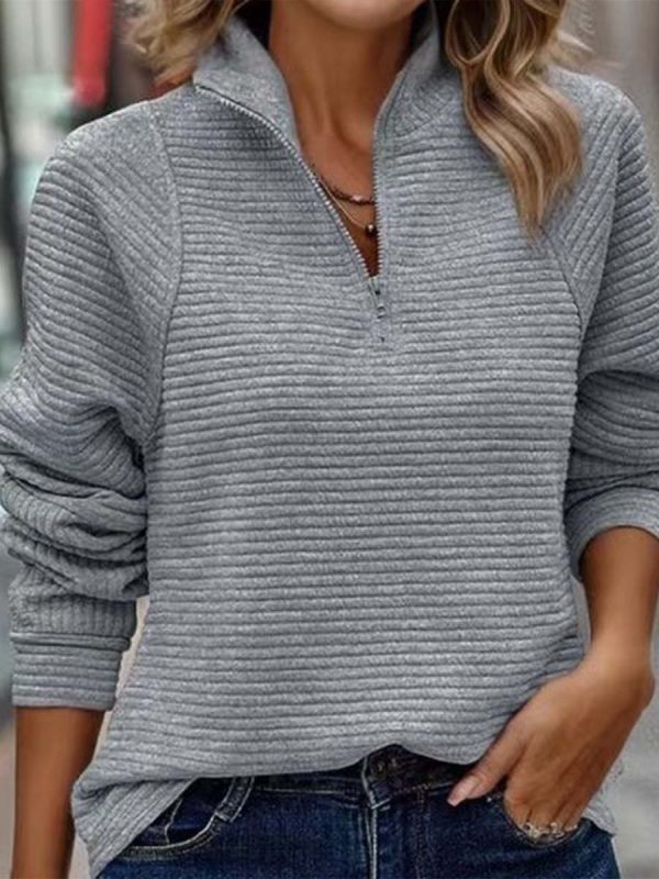 Women's Textured Zipper Neck Long Sleeve Sweatshirt - Image 6