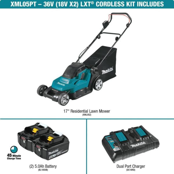 Makita 18V X2 (36V) LXT 17 in. Walk Behind Residential Lawn Mower Kit (5.0Ah) with LXT Blower and LXT 13 in. String Trimmer - Image 3