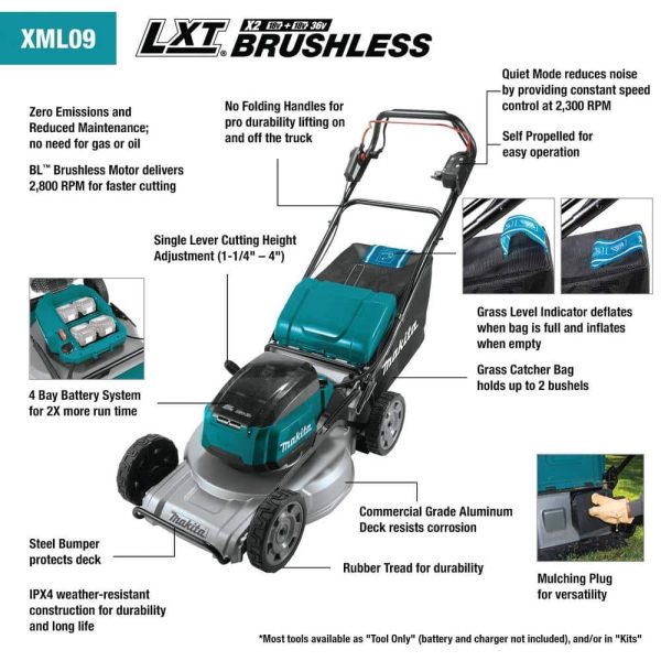 Makita 21 in. 18V X2 (36V) LXT Lithium-Ion Brushless Cordless Walk Behind Self-Propelled Lawn Mower Kit (5.0Ah) - Image 3