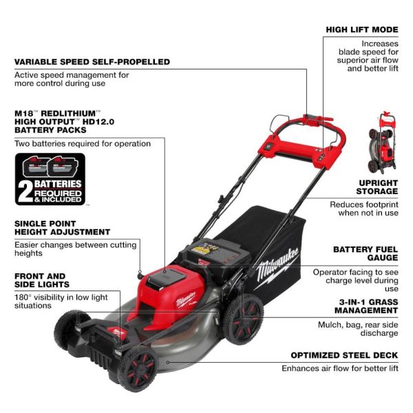 Milwaukee M18 FUEL Brushless 21 in. Self-Propelled Mower w/ String Trimmer, Edger, Hedger, Pole Saw, (2) 12Ah & (1) 8Ah Batteries - Image 2