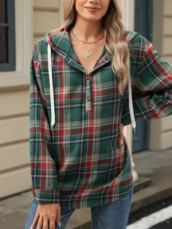 Retro Loose Fit Long Sleeve Button Plaid Hoodie - Image 3