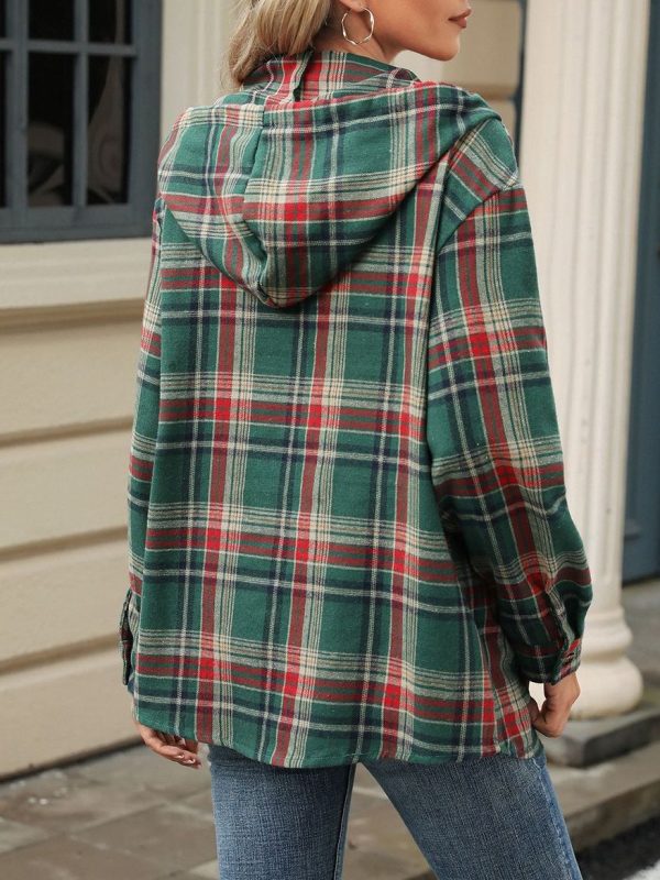 Retro Loose Fit Long Sleeve Button Plaid Hoodie - Image 4