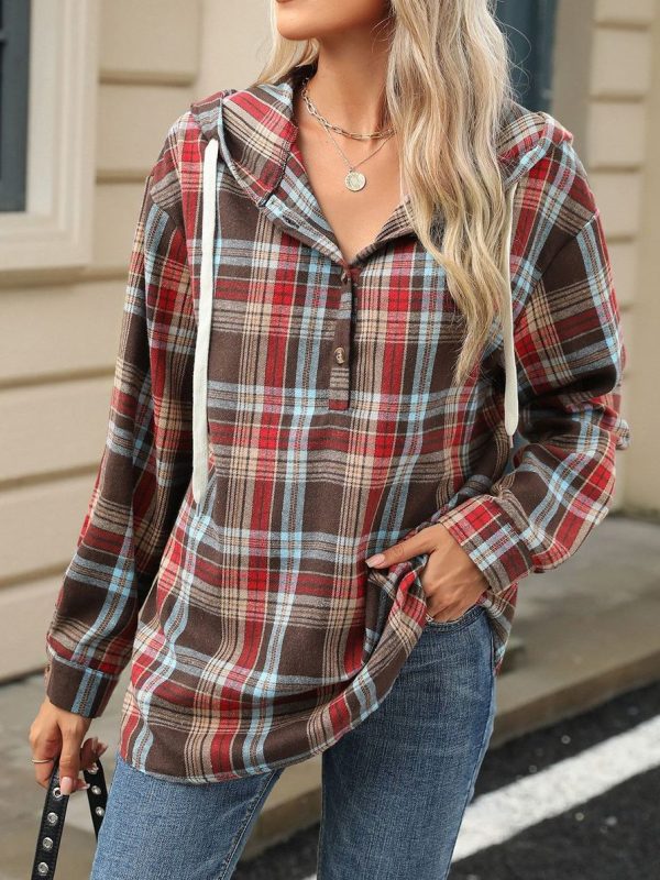 Retro Loose Fit Long Sleeve Button Plaid Hoodie - Image 5