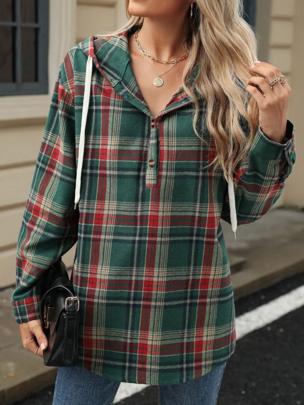 Retro Loose Fit Long Sleeve Button Plaid Hoodie - Image 2