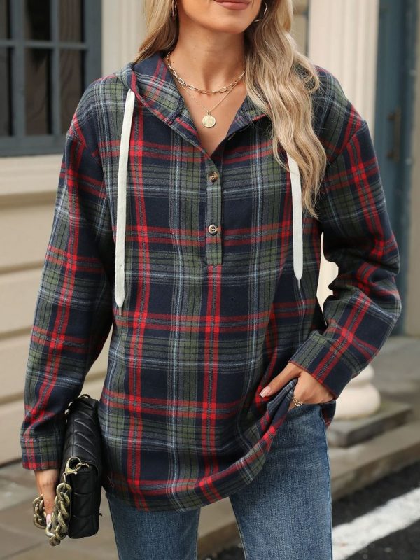 Retro Loose Fit Long Sleeve Button Plaid Hoodie - Image 6