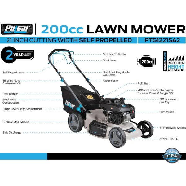 21 in. 200 cc Gas Recoil Start, Walk Behind Push Mower, Self-Propelled 3-in-1 with 7 Position Height Adjustment - Image 4