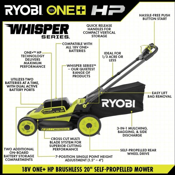 RYOBI ONE+ 18V HP Brushless Whisper Series 20" Self-Propelled Battery Dual Blade Walk Mower/Trimmer/Blower/Batteries/Chargers - Image 2