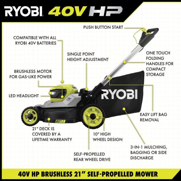 RYOBI 40-Volt HP Brushless 21 in. Cordless Battery Walk Behind Self-Propelled Lawn Mower (Tool Only) - Image 3