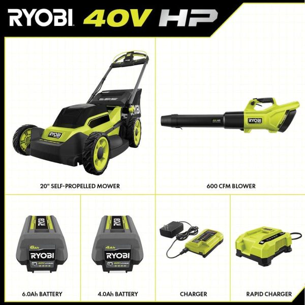 RYOBI 40V HP Brushless 20 in. Cordless Electric Battery Walk Behind Self-Propelled Mower w/Blower (2) Batteries/Chargers - Image 2