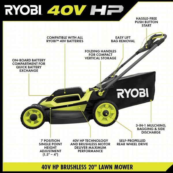 RYOBI 40V HP Brushless 20 in. Cordless Electric Battery Walk Behind Self-Propelled Mower w/Blower (2) Batteries/Chargers - Image 3