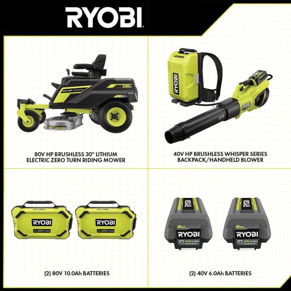 RYOBI 30 in. 80-Volt HP Brushless Battery Electric Cordless Zero Turn Mower, Blower, Backpack Battery - Batteries and Chargers